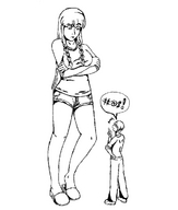 drawing monochrome mini_giantess shorts looking_down shirt braid no_background arms_folded slip_ons