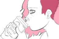 drawing blue_eyes pink_hair shrunken_man looking_down hugging drinking cup no_background nose_piercing snuggleproxy
