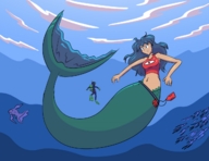drawing giantess long_hair clothed blue_hair mermaid underwater scuba fish