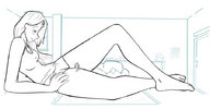 giantess blushing monochrome long_hair barefoot shorts looking_down indoors long_legs top cramped
