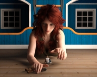 long_hair clothed red_hair shrunken_men crawling looking_up indoors digital_render