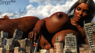 giantess nude city black_hair long_hair destruction buildings huge_breasts lying_down dark_skin outdoors debris digital_render dinner-kun