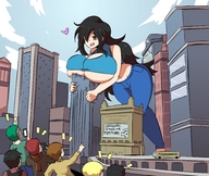 drawing giantess black_hair long_hair butt destruction buildings huge_breasts underboob phone belly heart looking_down hugging outdoors crowds audience