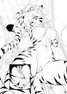 drawing micro nude pussy furry tail anthro tiger monochrome large_breasts long_hair water wet unaware looking_down indoors tinies showering winking presenting one_eye_closed twokinds notbad621 flora_(twokinds)