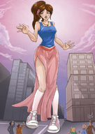 drawing giantess city color long_hair shoes brunette purple_eyes ponytail dress walking camera necklace long_legs bystanders mole looking_at_tiny angelgts