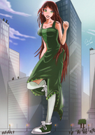 breasts drawing giantess city color long_hair cleavage buildings green_eyes smiling posing tree red_hair dress boots looking_up leaning_against_building earrings pointing bystanders angelgts