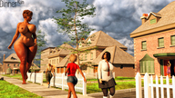 giantess huge_breasts brunette short_hair walking dark_skin outdoors thick_thighs digital_render dinner-kun