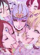 drawing giantess blonde color tongue saliva blue_hair brunette red_hair blue_skin cage open_mouth giantesses choker closed_eyes orange_hair imminent_vore mrishimaru pointed_ears smling extra_eyes