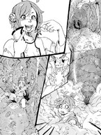 drawing vore blushing comic monochrome saliva digestion short_hair mawshot open_mouth swallowed between_fingers panels mrishimaru throat_bulge pinched