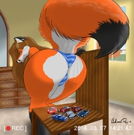 drawing panties furry anthro long_hair butt brunette bending_over vehicles chair indoors hoop_earrings looking_back impending_butt_crush recording