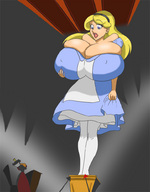 drawing growth giantess blonde color blue_eyes huge_breasts breast_expansion dress mini_giantess surprised queen looking_down open_mouth looking_up indoors alice_in_wonderland hairband begirl69 queen_of_hearts alice
