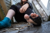 collage socks sitting hand shrunken_woman close_up looking_up ripped_clothing dirty_socks zboczony