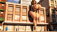 giantess nude city huge_breasts brunette looking_down standing outdoors thick_thighs digital_render dinner-kun cupping_breasts