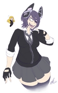 drawing micro vore macro blonde long_hair tongue skirt saliva purple_hair yellow_eyes short_hair shrunken_woman open_mouth voluptuous imminent_vore sharp_teeth no_background kantai_collection tenryuu cerulesta