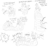 drawing giantess vore comic monochrome fantasy egyptian short_hair sketch snake_girl growling_belly itsuune regurgitation stomach_ache