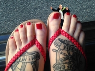 collage scared shrunken_man between_toes under_foot flip_flops red_nails tattoo nail_polish