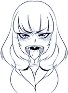 drawing blushing monochrome long_hair tongue saliva sitting open_mouth point_of_view no_background nyxon