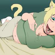 breasts drawing vore blonde color large_breasts tongue clothed mouth bed saliva socks lying_down short_hair belly shrunken_woman open_mouth cat_girl dripping voluptuous unwilling inside_clothing imminent_vore no_background multiple_prey leswaet