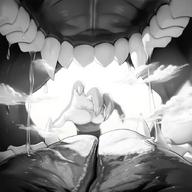 drawing vore monochrome tongue saliva open_mouth inside_mouth monster_girl point_of_view sharp_teeth modeseven nuki