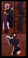 breasts drawing white_hair alien color clothed toes barefoot soles low_angle queen shrunken_man looking_down point_of_view necklace bikini_top belt headband bracelet stuck_to_foot jj-psychotic skimpy_clothing queen_tyrahnee duck_dodgers black_skin cartoon_network