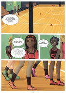 drawing blonde comic black_hair long_hair basketball walking unaware sneakers dark_skin dialogue panels ayami6 minor_league