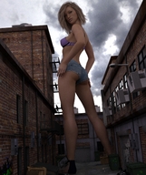 giantess blonde butt clothed bra shorts standing runswithferrets looking_back alley digital_render