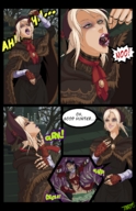 drawing white_hair vore blushing blonde color tongue mouth finger saliva digestion bulge shrunken_woman open_mouth dangle swallowed hat unwilling tsavo panels stomach_acid internal_view throat_bulge looking_at_tiny plain_doll bloodborne shaded implied_digestion