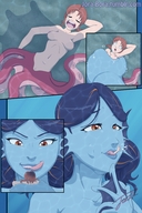 breasts drawing giantess vore comic color long_hair water ocean saliva blue_hair mermaid brown_eyes underwater red_hair short_hair blue_skin abs looking_down bubbles tentacles orange_eyes licking_lips octopus jora-bora gills fins shaded