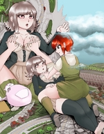 breasts drawing giantess color butt brunette stockings red_hair sitting wrestling houses neighborhood danganronpa skinnychimp chiaki_nanami mahiru_koizumi