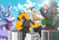 bikini breasts drawing giantess panties furry rabid anthro city dragon color large_breasts bra buildings smiling horse giantesses dancing scalie cora kirin mare ceyla celeste qilin dolphin kerosel