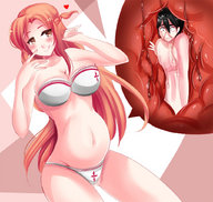 drawing giantess panties vore comic color bra bed digestion brown_eyes smiling shrunken red_hair shrunken_woman inside_stomach bedroom looking_at_viewer panels asuna sword_art_online kirito saintxtail asuna_yuuki kazuto_kirigaya