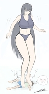 drawing black_hair large_breasts long_hair underwear mini_giantess foot_crush looking_down no_background yamumil