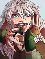 drawing giantess white_hair vore color tongue blue_eyes clothed mouth handheld saliva gloves fangs open_mouth unwilling imminent_vore hungrysuccubus shaded alta ceru