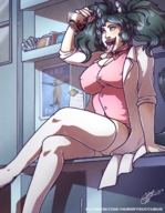 breasts drawing vore black_hair color large_breasts tongue clothed saliva nipping stockings yellow_eyes sitting twintails open_mouth trapped cat_girl desk snake_girl lab_coat imminent_vore looking_at_tiny hungrysuccubus shaded flask