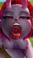 breasts drawing nipples giantess nude furry horns color tongue mouth saliva demon red_eyes red_hair uvula short_hair sitting demoness blue_skin fangs throat grass painting open_mouth dangle thighs voluptuous point_of_view looking_at_tiny theboogie grey_skin shaded emotionless