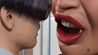black_hair glasses short_hair mini_giantess open_mouth lipstick digital_render bowl_cut