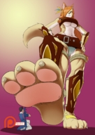 drawing giantess panties anthro upskirt color large_breasts long_hair underboob muscles female_domination cat_girl raised_foot orange_hair imminent_crush no_background spokle melisandre eredan