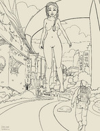 drawing giantess nude monochrome long_hair looking_down outdoors braid leper