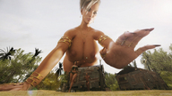blonde long_hair huge_breasts crawling reaching looking_down outdoors long_nails red_nails nail_polish rings bracelet running_away digital_render armlet