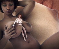 black_hair large_breasts huge_breasts multiple_sizes smiling red_hair medium_length_hair looking_down dark_skin curly_hair digital_render between_breasts