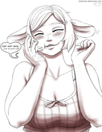 breasts drawing giantess vore blushing comic monochrome large_breasts mouth cleavage saliva bulge voluptuous mouse_boy closed_eyes unwilling mouse_girl dialogue no_background dangnoms multiple_pages neera