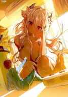 drawing white_hair blushing horns large_breasts long_hair red_eyes short_hair sitting shrunken_man looking_down indoors bow sunrise reaching_forward