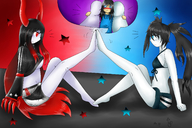 blushing blue_eyes barefoot red_eyes shrunken_man trapped between_feet black_rock_shooter kaytlin-andcie