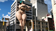 nude blue_hair huge_breasts short_hair lactation outdoors thick_thighs digital_render dinner-kun cupping_breasts