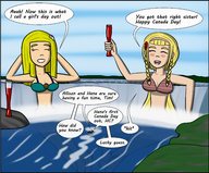 bikini drawing giantess blushing blonde large_breasts long_hair sitting drink drunk giantesses closed_eyes dam braid dialogue hairband
