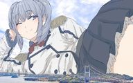 drawing giantess blushing mega large_breasts long_hair clothed skirt blue_hair smiling lying_down twintails looking_down outdoors winking uru