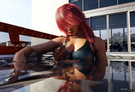 bikini gentle long_hair clothed brunette red_hair short_hair mini_giantess pool looking_down hugging outdoors digital_render fater between_breasts
