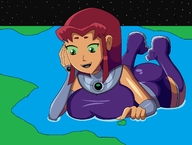 breasts drawing giantess giga alien color large_breasts long_hair butt skirt ocean green_eyes smiling teen_titans red_hair starfire lying_down boots looking_down laughing dark_skin dc_comics orange_skin
