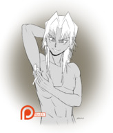 drawing monochrome giant sweat torture looking_at_tiny spokle armpits bakura yu-gi-oh! marik