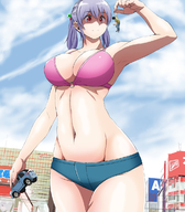 drawing giantess panties color large_breasts cleavage purple_hair red_eyes twintails belly medium_length_hair vehicles outdoors between_fingers bikini_top source_needed ビク太 thick_thighs bikuta pinched
